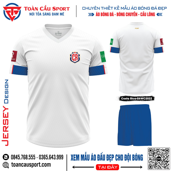 Mẫu áo đá bóng đội tuyển Costa Rica sân khách World Cup 2022 màu trắng