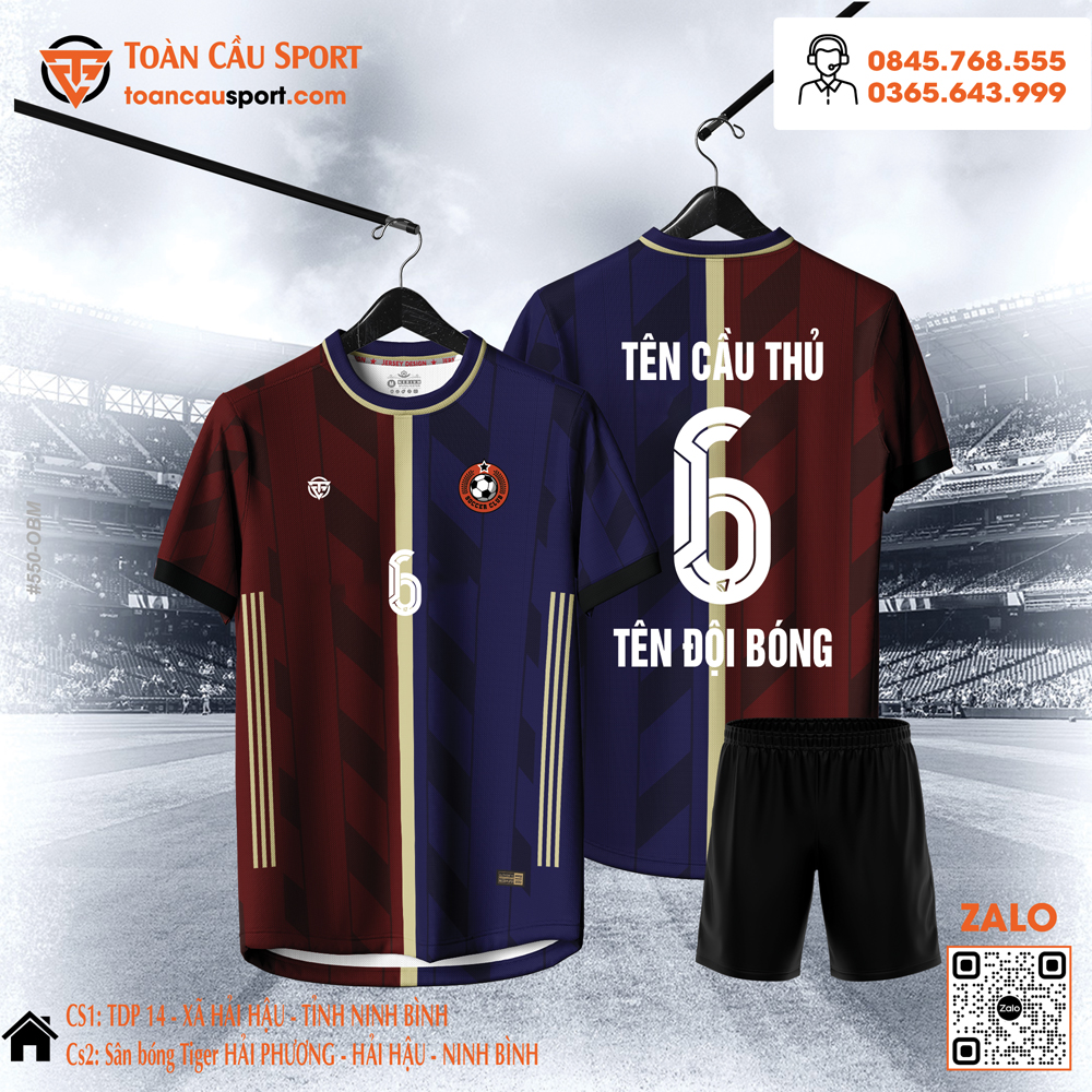 Áo bóng đá xanh navy đỏ bordo phong cách chia nửa cổ điển