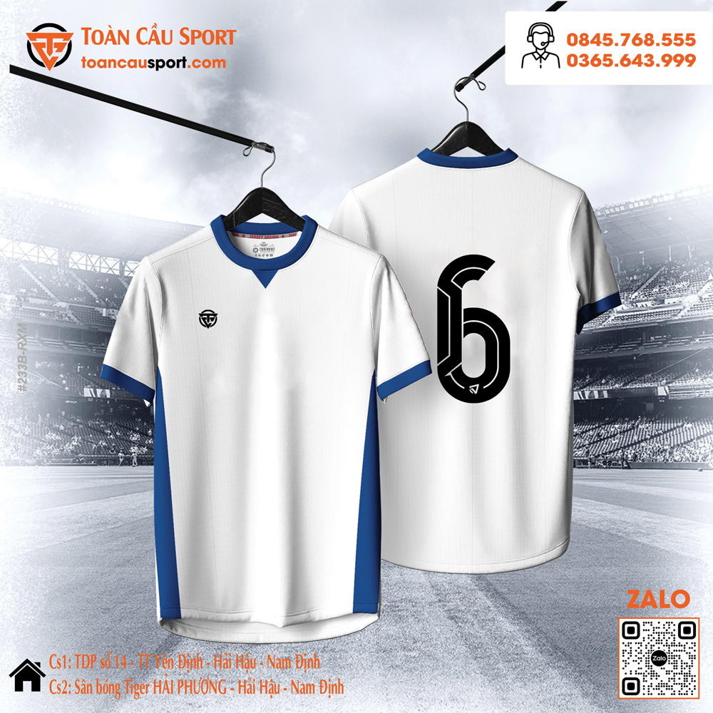 Áo bóng đá thi đấu màu trắng phối xanh đậm - Toàn Cầu Sport