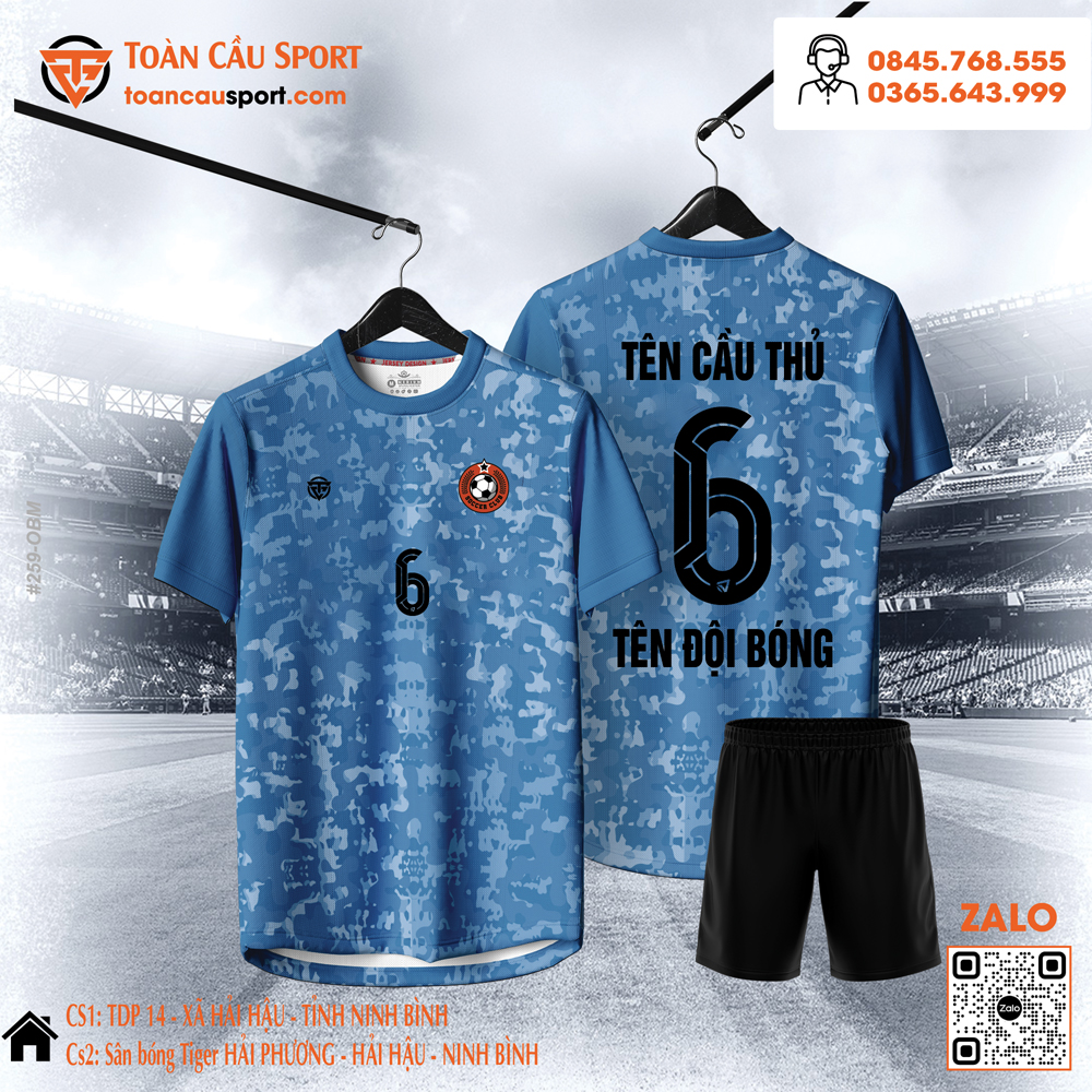 Áo bóng đá thi đấu xanh dương họa tiết rằn ri camo phong cách thể thao