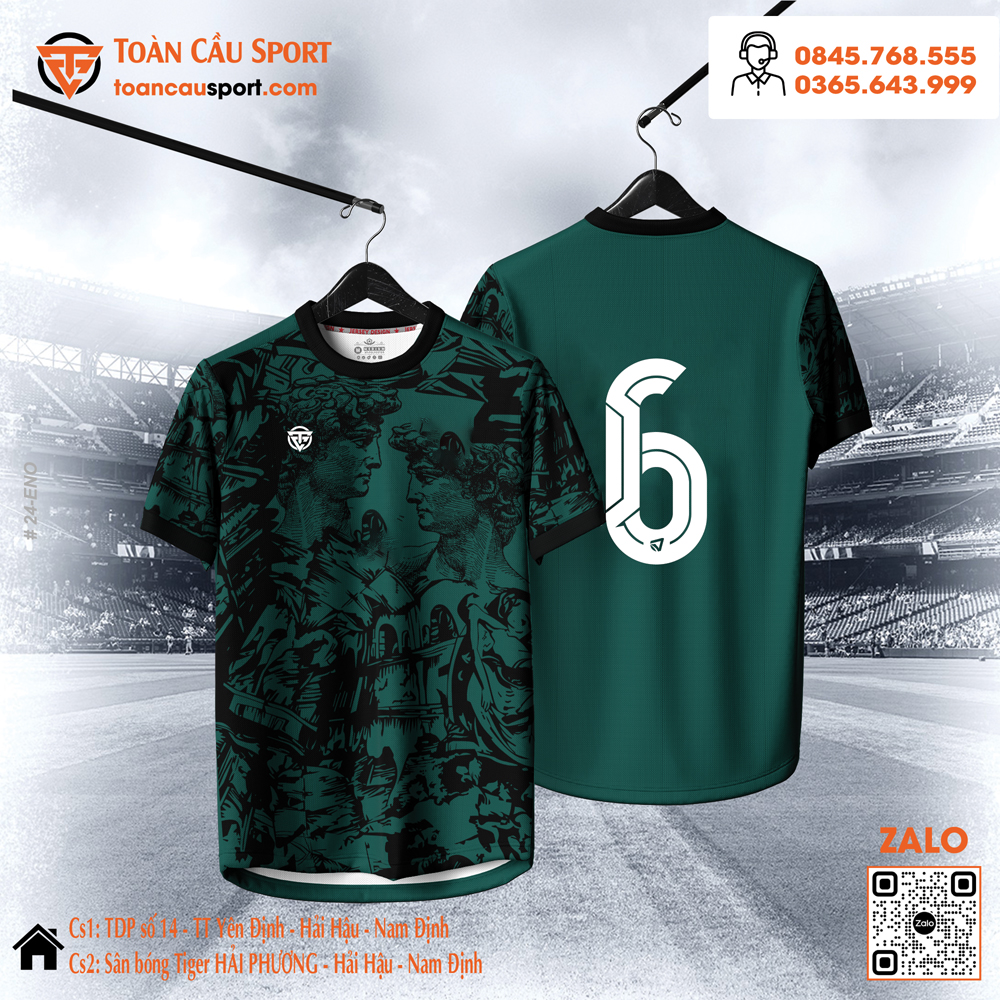 Áo bóng đá thiết kế màu xanh rêu với họa tiết nghệ thuật cổ điển