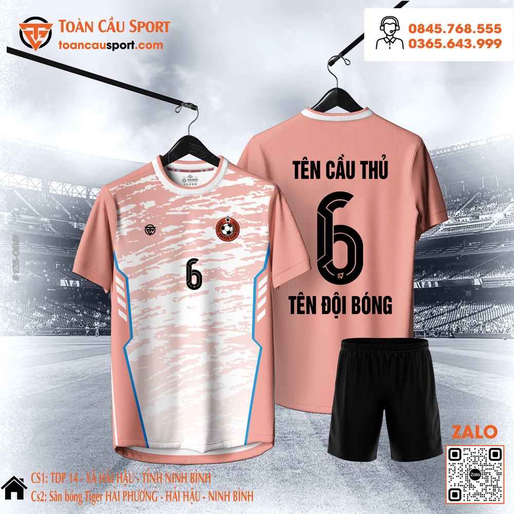 Bộ quần áo bóng đá thiết kế màu hồng đất phối trắng Toàn Cầu Sport