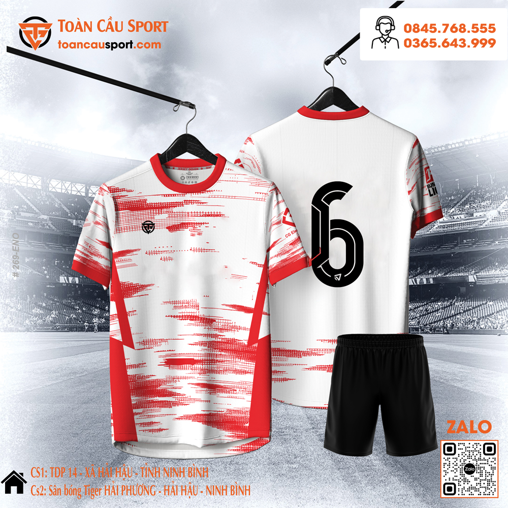 Bộ quần áo bóng đá Toàn Cầu Sport trắng đỏ thiết kế pixel hiện đại, chất liệu thoáng mát