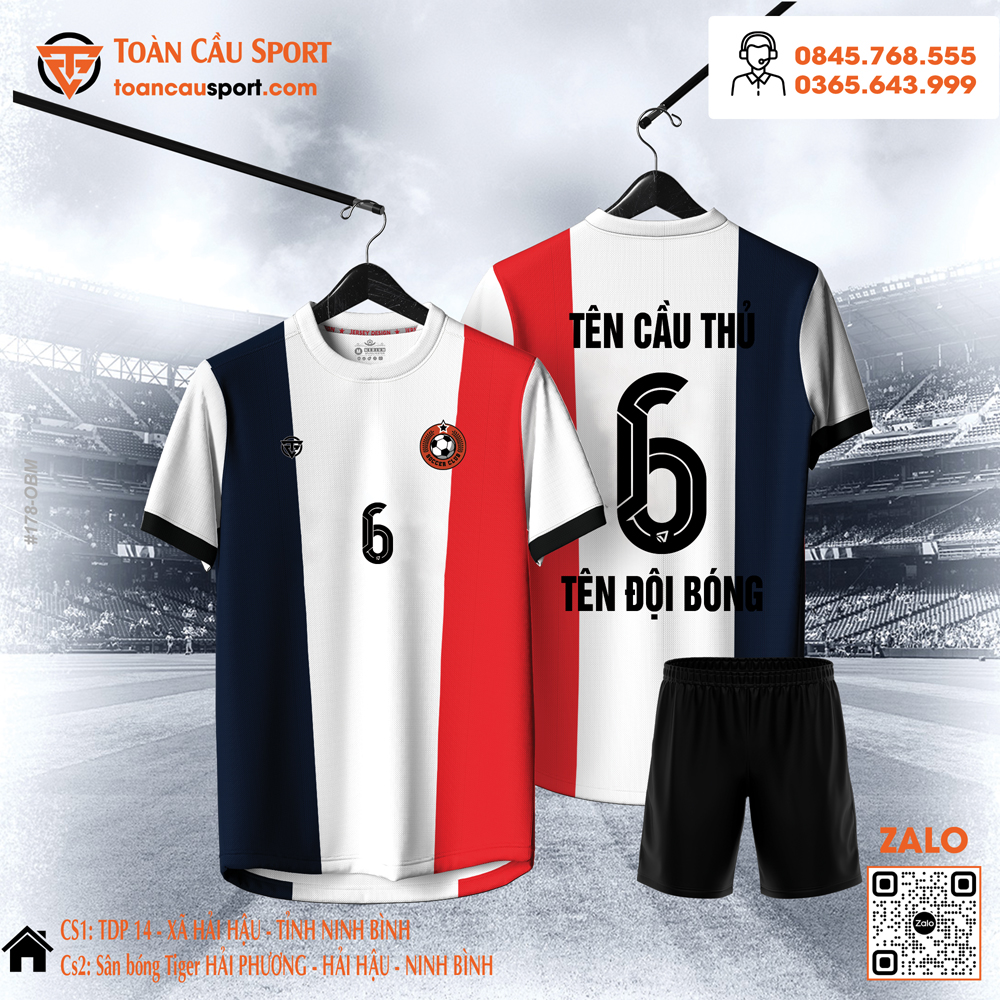 Áo bóng đá nam phối màu Xanh Navy - Trắng - Đỏ cao cấp Toàn Cầu Sport